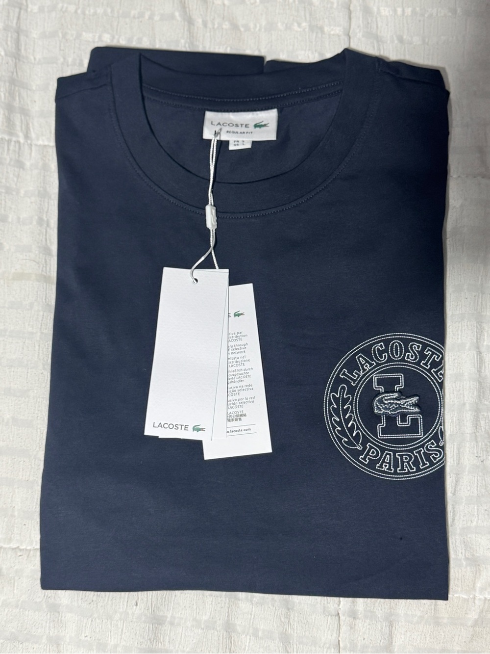 Lacoste Navy Short Sleeve Crewneck with Paris Logo Patch size M
